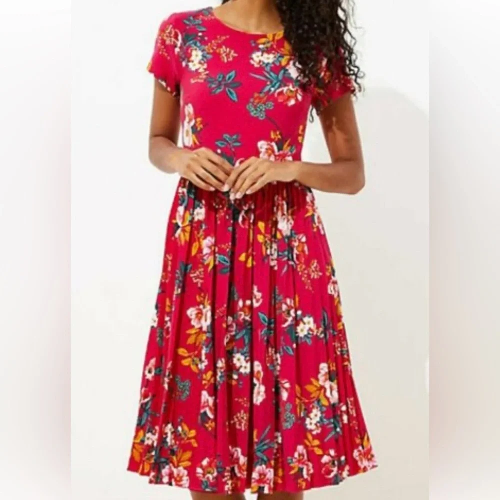 Loft Pleated Floral Red Dress